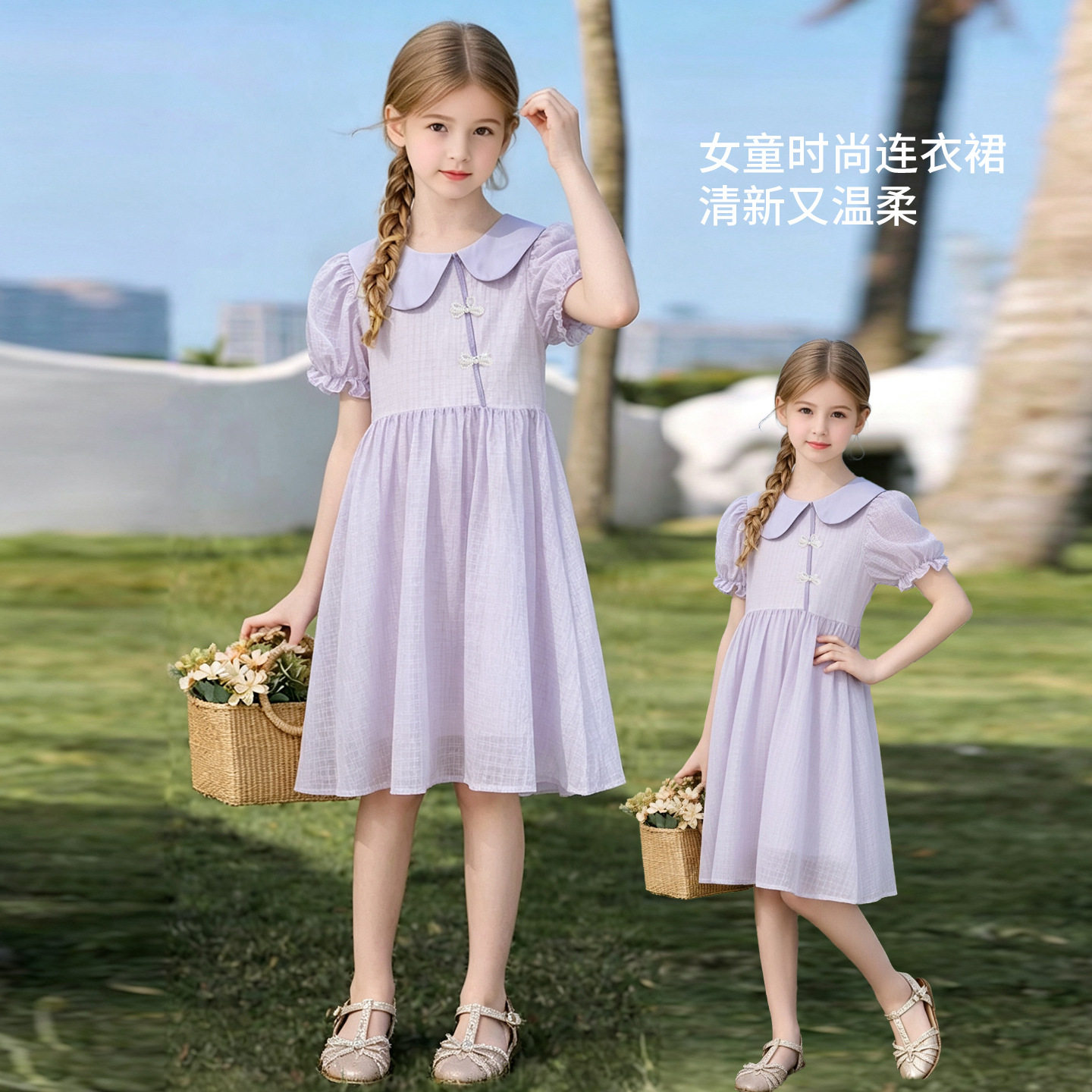 女童中国风连衣裙夏季薄款2026新款公主裙小女孩甜美漂亮紫色裙子