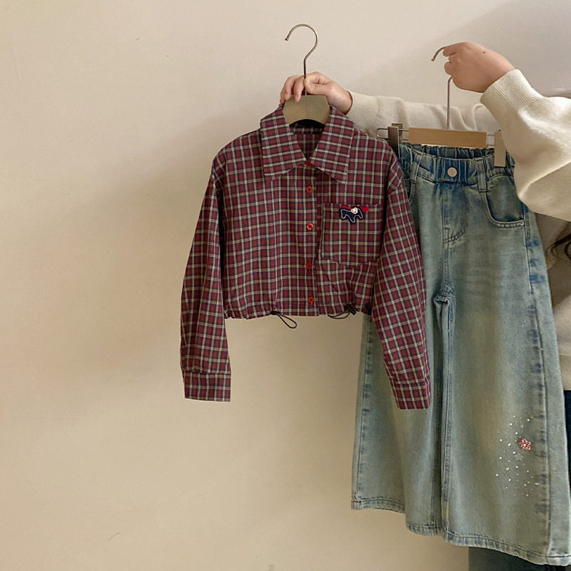 女童休闲格子衬衫两件套2026春秋款儿童时髦百搭烫钻牛仔裤套装