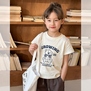 艾摩贝贝童装中大小女童时髦修身短款白色T恤洋气可爱小熊短袖夏