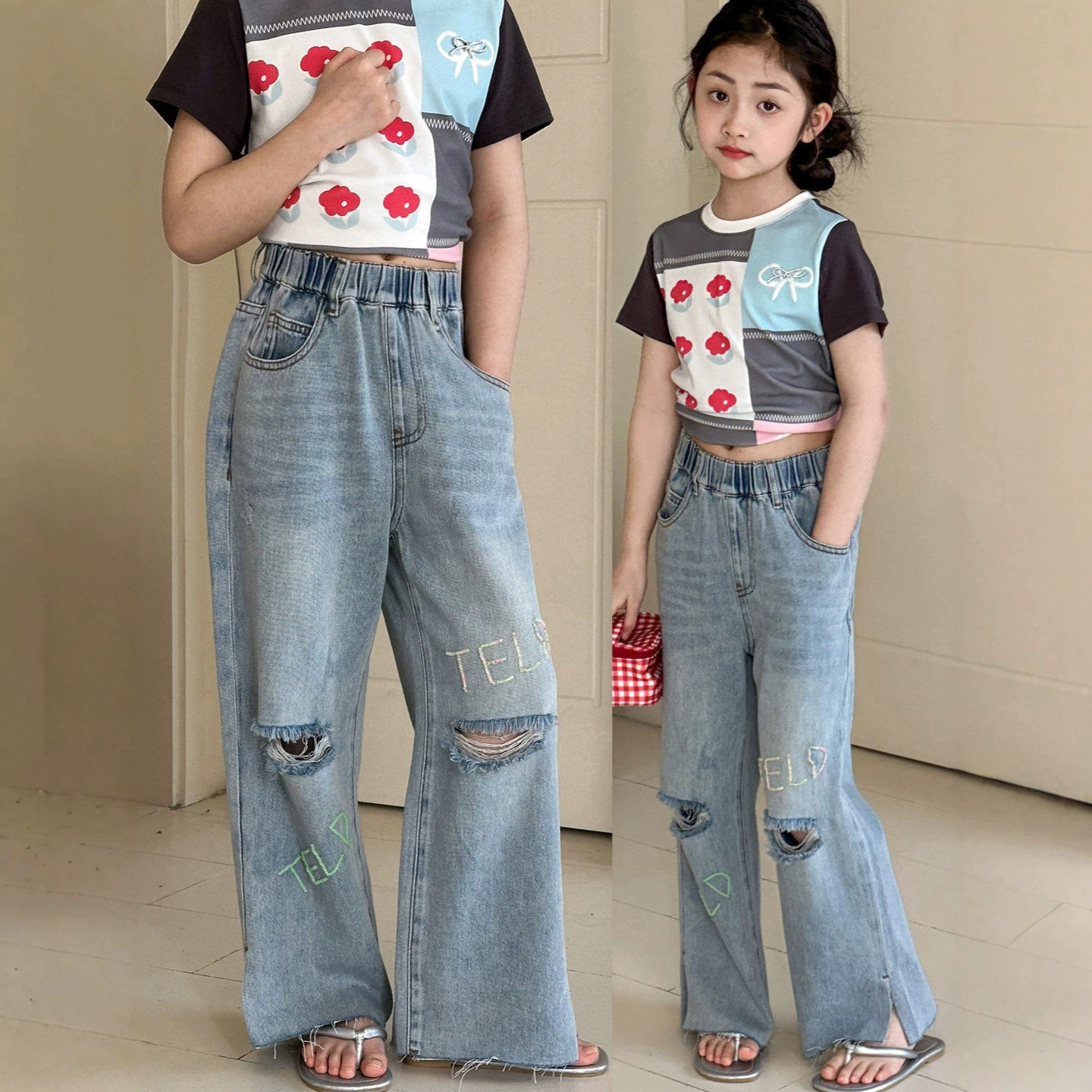 小红鱼女童牛仔裤夏装亲子夏季薄款九分裤女孩休闲款破洞刺绣裤子
