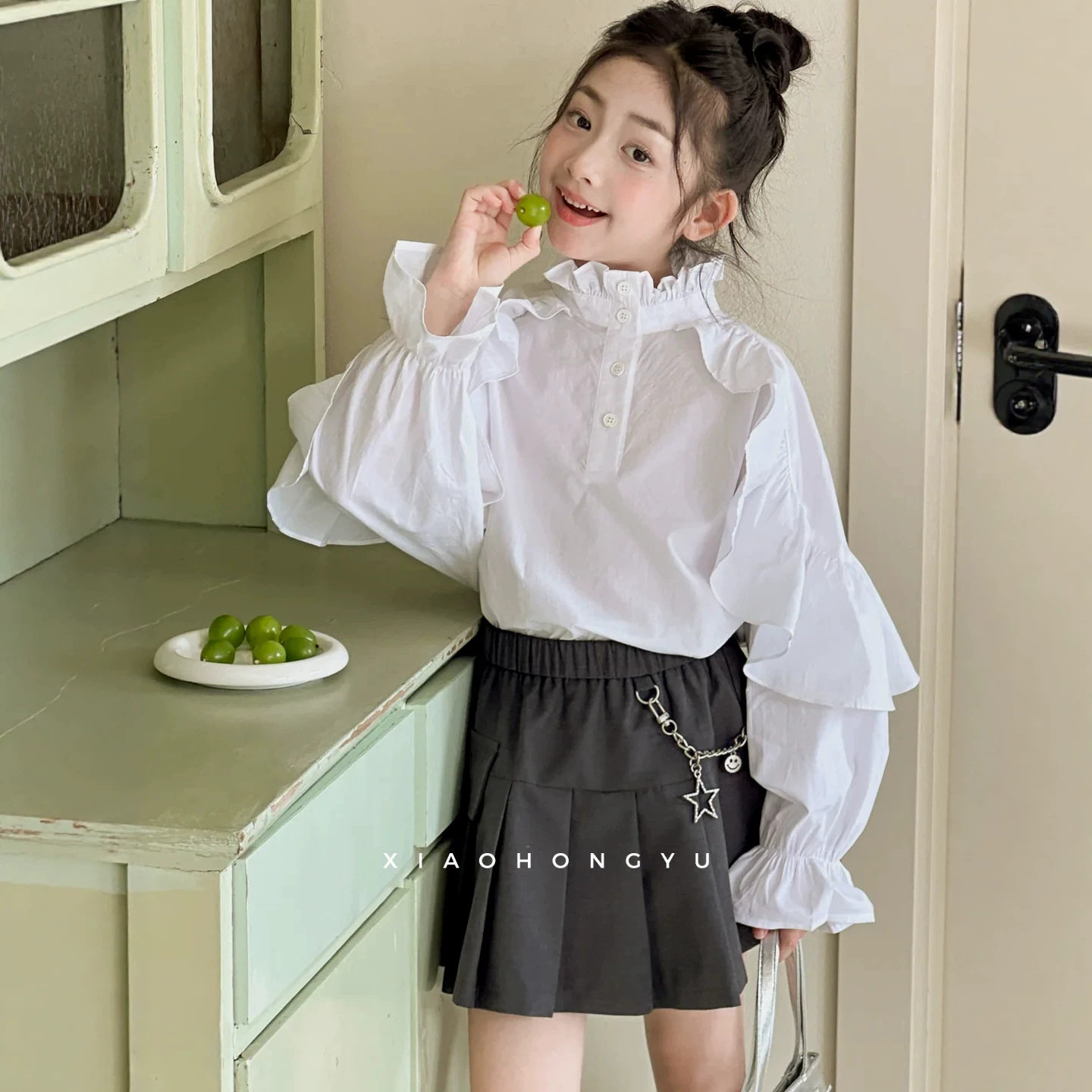 小红鱼女童长袖衬衫秋装韩国童装独特亲子装白色衬衣初中生娃娃衫