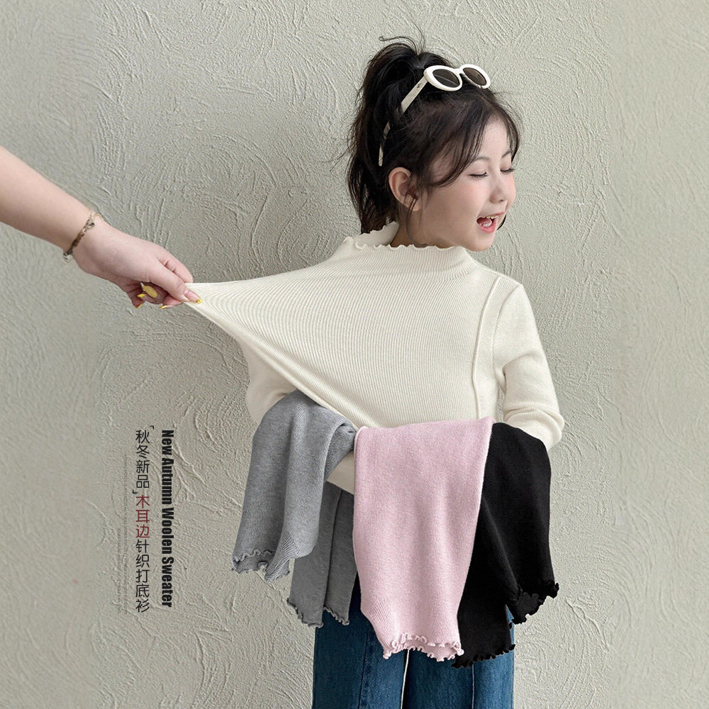 童森童马女童打底衫2025秋冬新款木耳边上衣儿童半高领长袖T恤潮