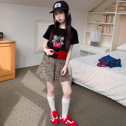 女童短袖2026年夏款棉亲肤豹纹樱桃印花T恤衫儿童宽松半袖上衣