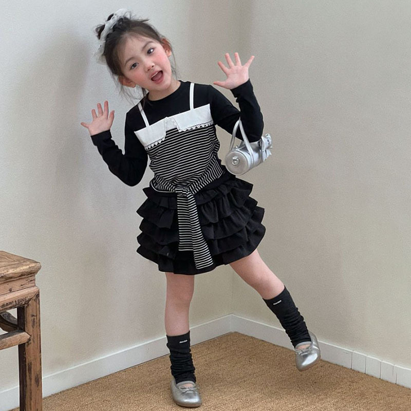 女童春季新款条纹吊带假两件上衣儿童夏季半身裙百搭蛋糕裙两件套