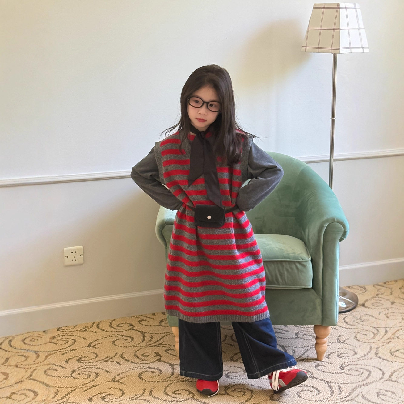 半柚童裙2026秋季女童韩版无袖条纹背心裙子儿童针织休闲毛线长裙