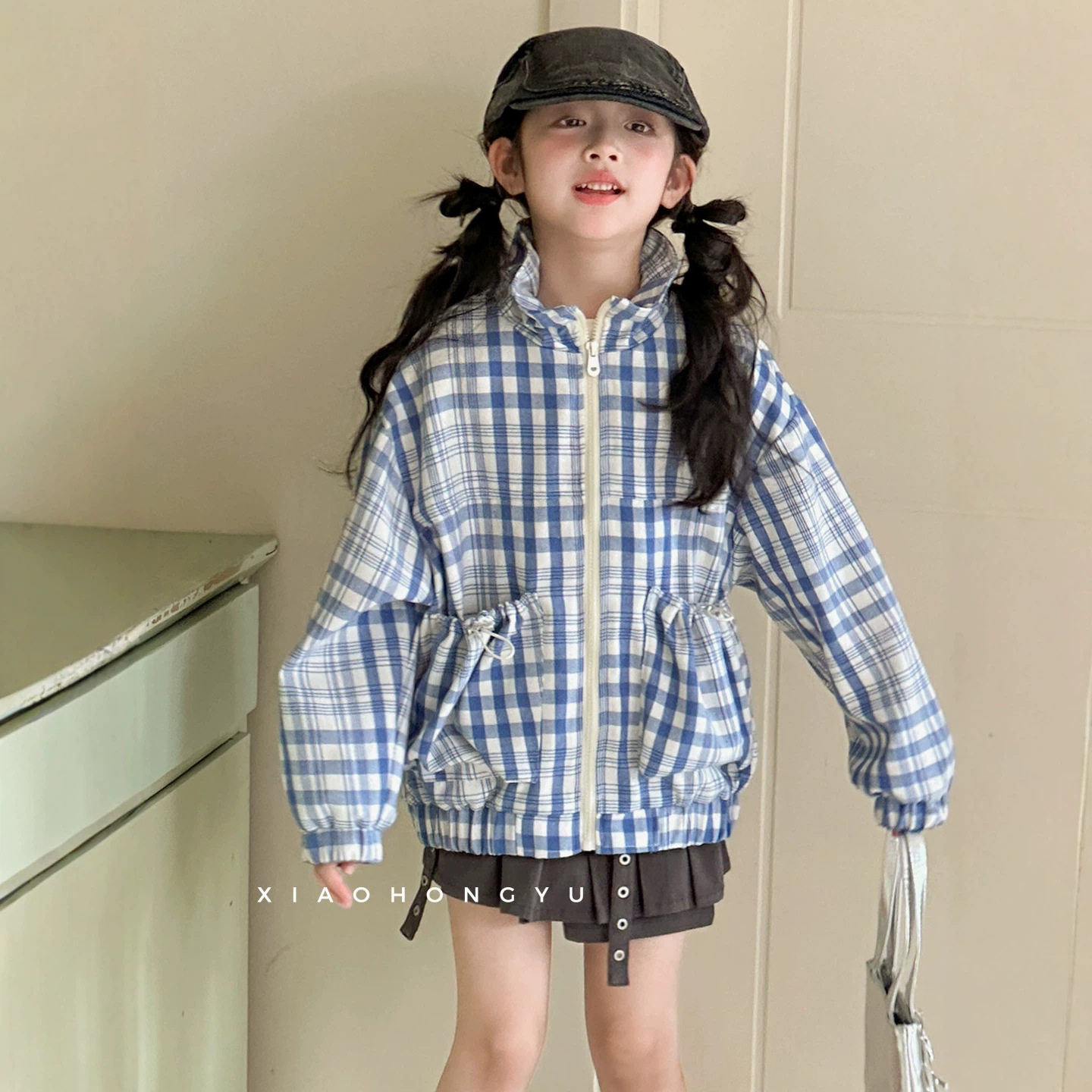 小红鱼女童格子外套秋装韩国童装秋季立领格子夹克儿童上衣亲子装