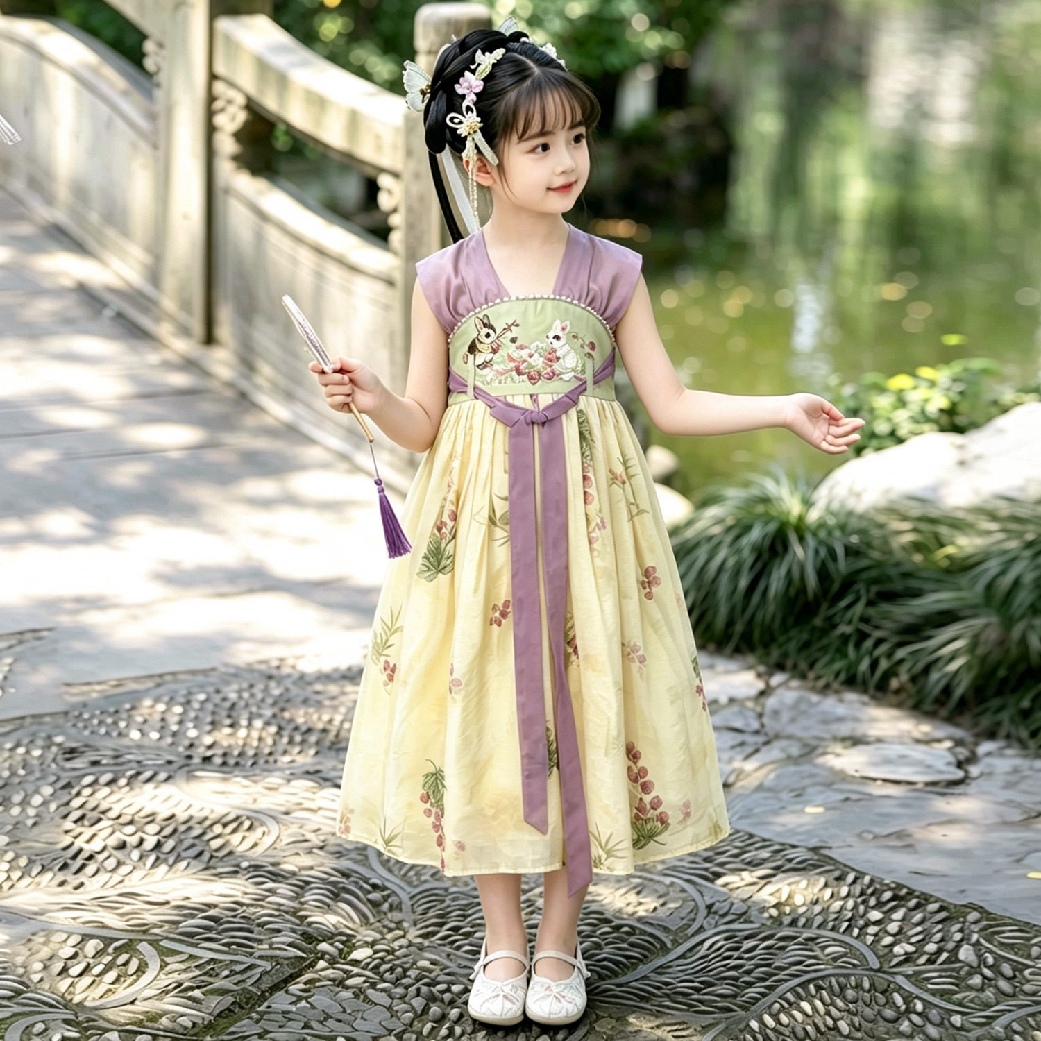 儿童新中式汉服连衣裙2026夏新款韵染提花锦缎刺绣珍珠全棉公主裙