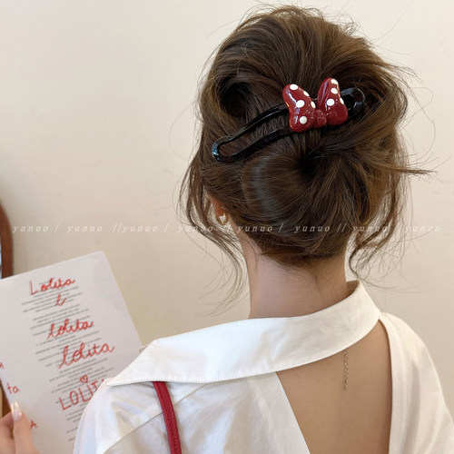 气质红色蝴蝶结鸭嘴夹女高级感