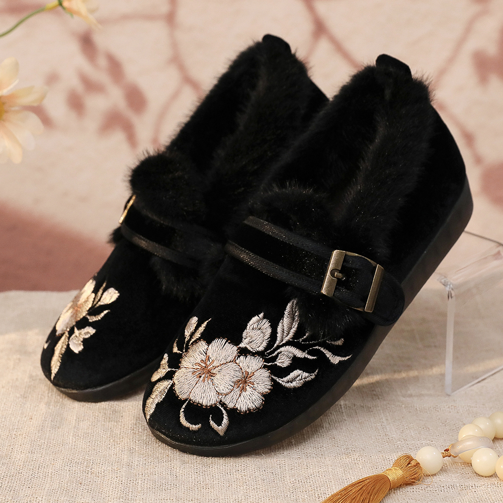 加绒妈妈婆婆过年保暖绣花女棉鞋