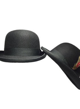 英伦bowler硬圆顶礼帽男女羊毛呢小总统帽子卷檐黑色绅士街舞帽子