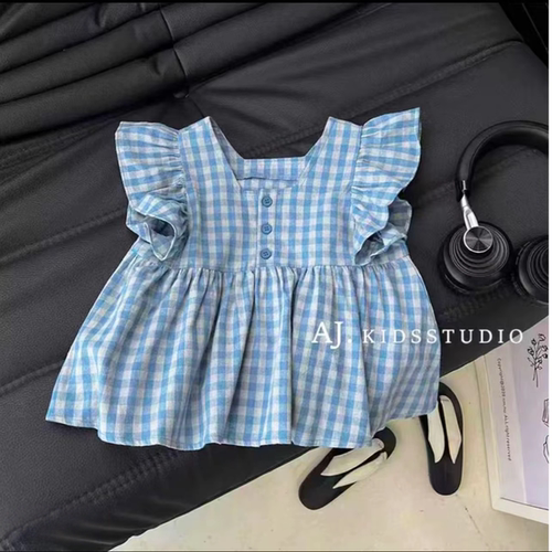 2026女童夏季新款衬衫花边方领格子花边短袖连衣裙女宝宝薄款上衣