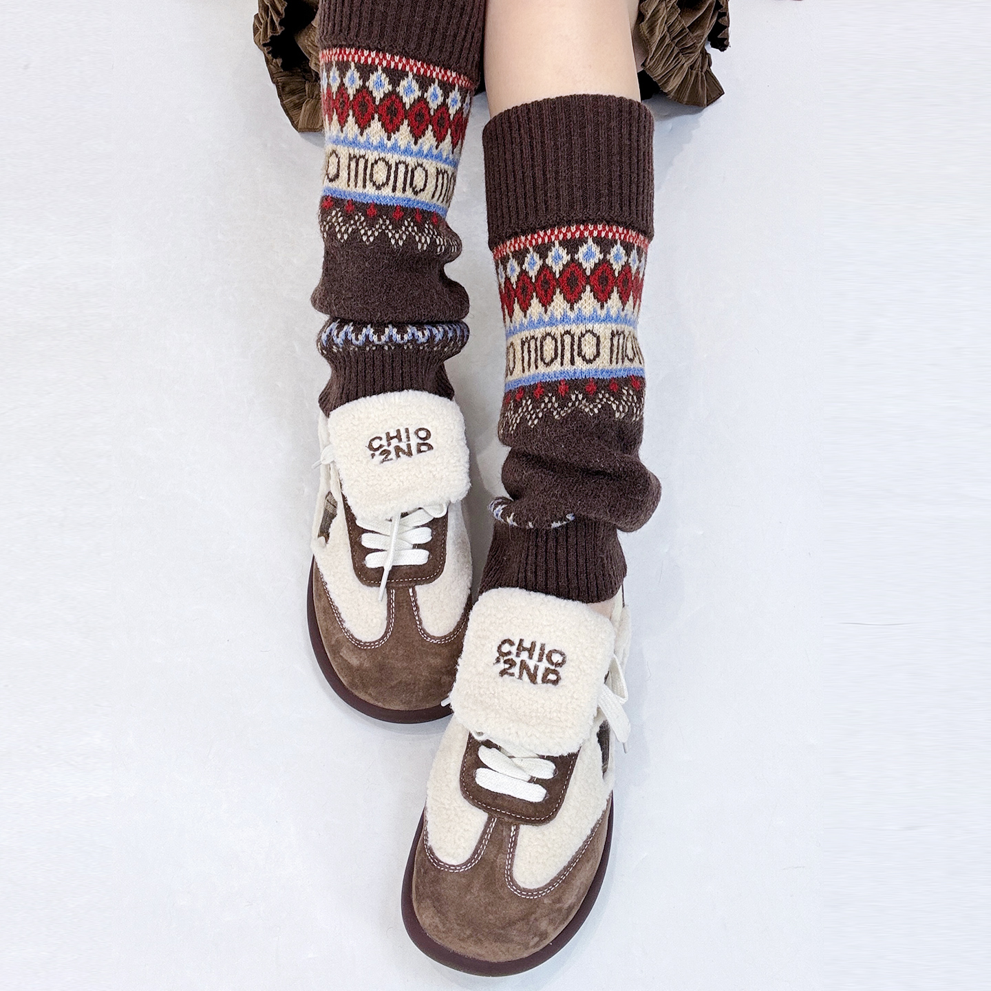 韩版加厚保暖费尔岛菱格堆堆袜套