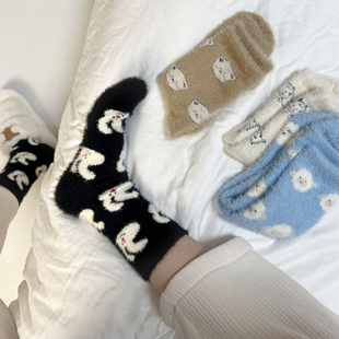 22FW水貂绒毛绒厚袜子女中筒秋冬可爱保暖加绒居家地板月子睡眠袜