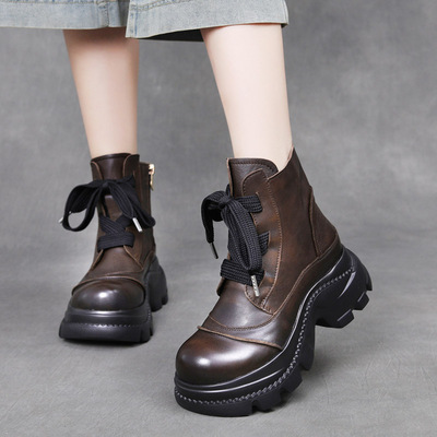 2025秋冬新款头层牛皮厚底拉链短靴马丁靴真皮粗高跟小个子单女鞋