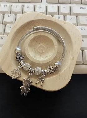 手镯开口小熊串珠手饰爱心亚马逊DIY小清新热卖不锈钢潘家多啦