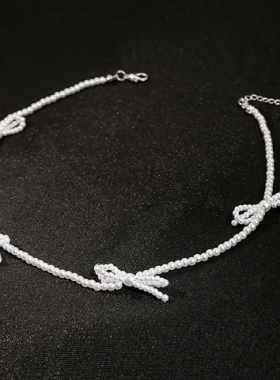 法式蝴蝶结叠戴爱心气质珍珠项链锁骨链复古女小众双层项饰温柔