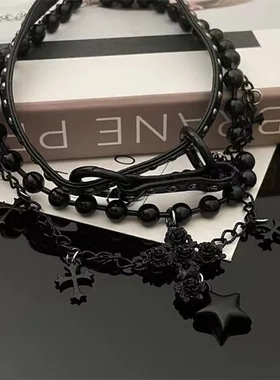 辣妹锁骨链y2k暗黑系项链choker荆棘项链轻奢星星多层项饰十字架