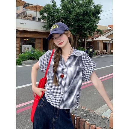 小个子格子衬衫短袖女夏季新款设计感宽松百搭洋气减龄短款上衣女