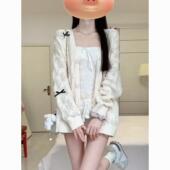 针织外套上衣 宽松慵懒风V领中长款 镂空蝴蝶结毛衣开衫 女春秋薄款