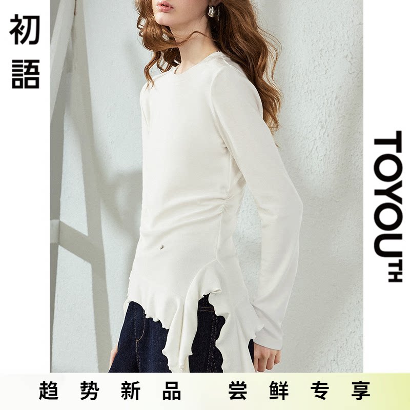 「New! 新品尝鲜」初语TOYOUTH白色圆领不规则荷叶边正肩长袖T恤