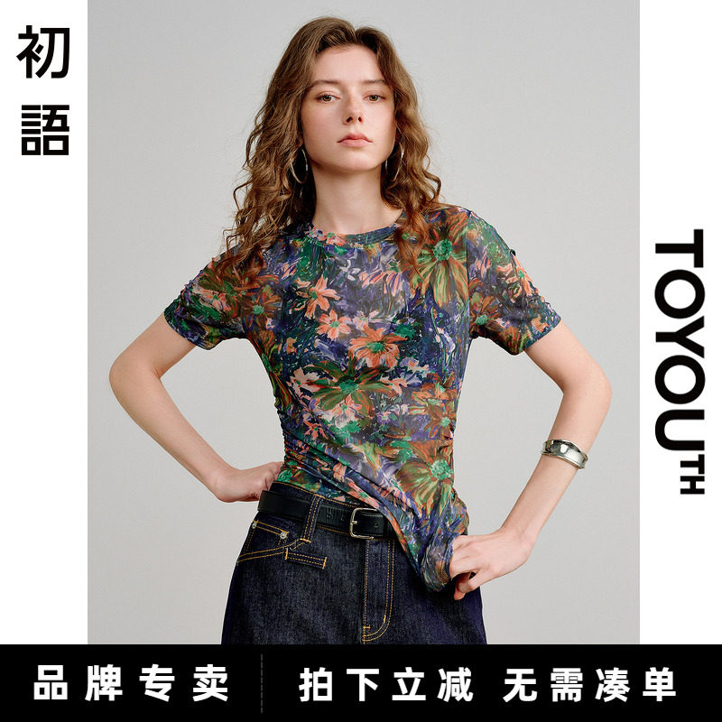 「New! 新品尝鲜」初语TOYOUTH网纱印花短袖T恤设计短款收腰上衣