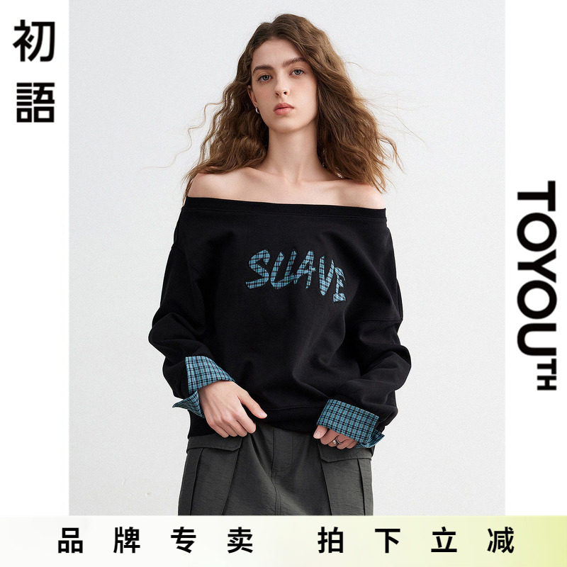 「New! 新品尝鲜」初语TOYOUTH宽松露肩设计字母短款长袖卫衣上衣