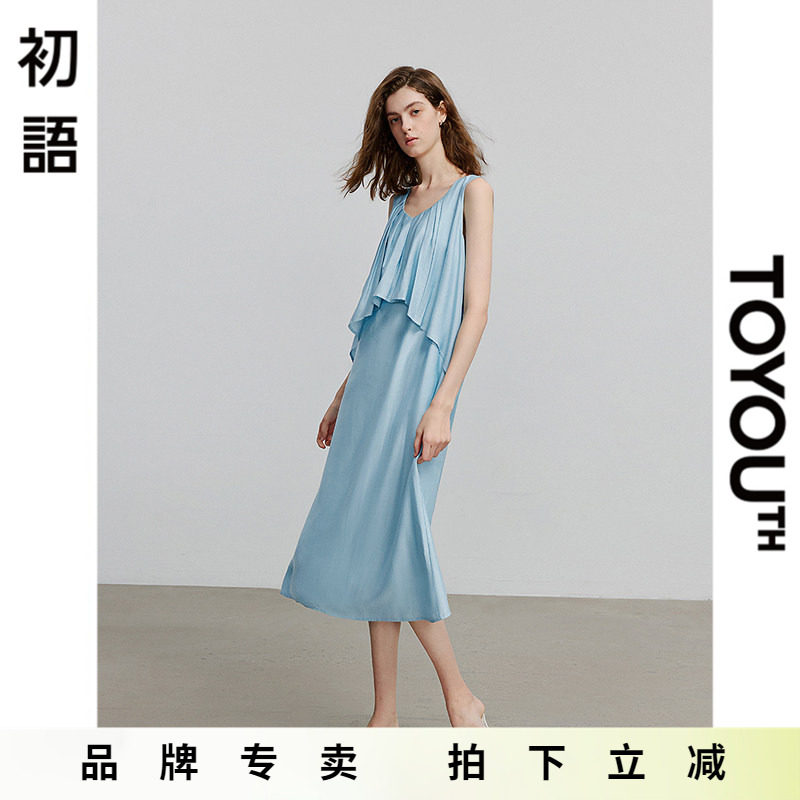 初语圆领中长款A型裙2025年夏季新款压褶拼接设计连衣裙无袖长裙