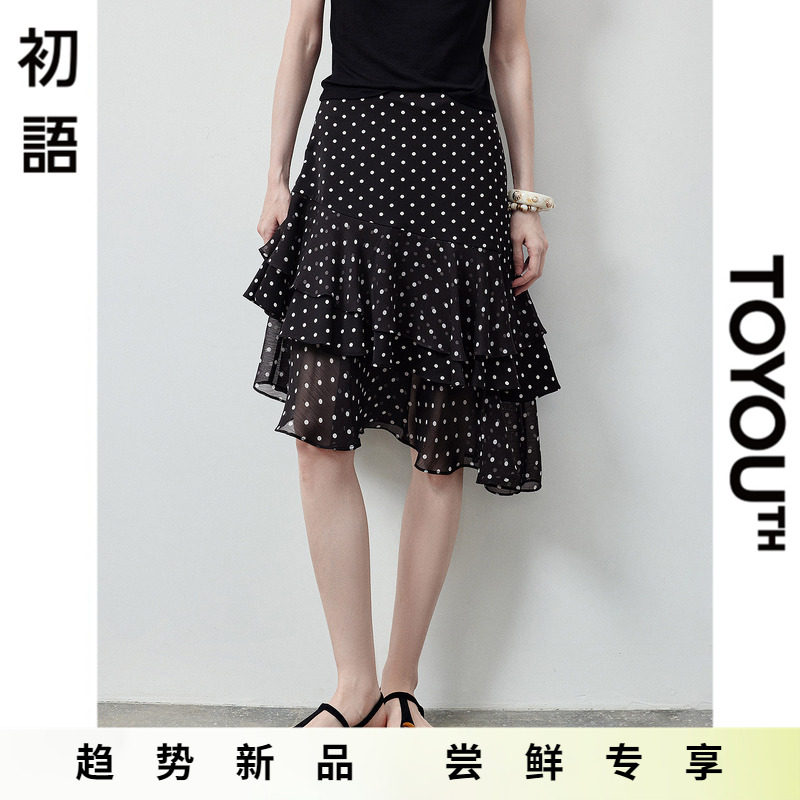 「New! 新品尝鲜」初语TOYOUTH黑色雪纺不规则荷叶裙波点半身裙