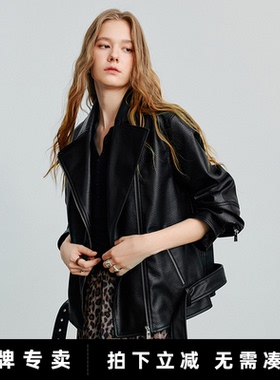 「New! 新品尝鲜」初语TOYOUTH宽松重工皮衣外套廓形翻领黑色夹克