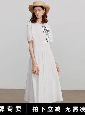 初语白色刺绣连衣长裙2025夏季新款中长款圆领收腰莱赛尔T恤裙子