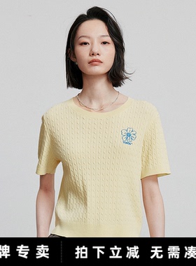 初语短袖针织衫女夏季显瘦百搭黄色绞花复古短款针织衫洋气上衣