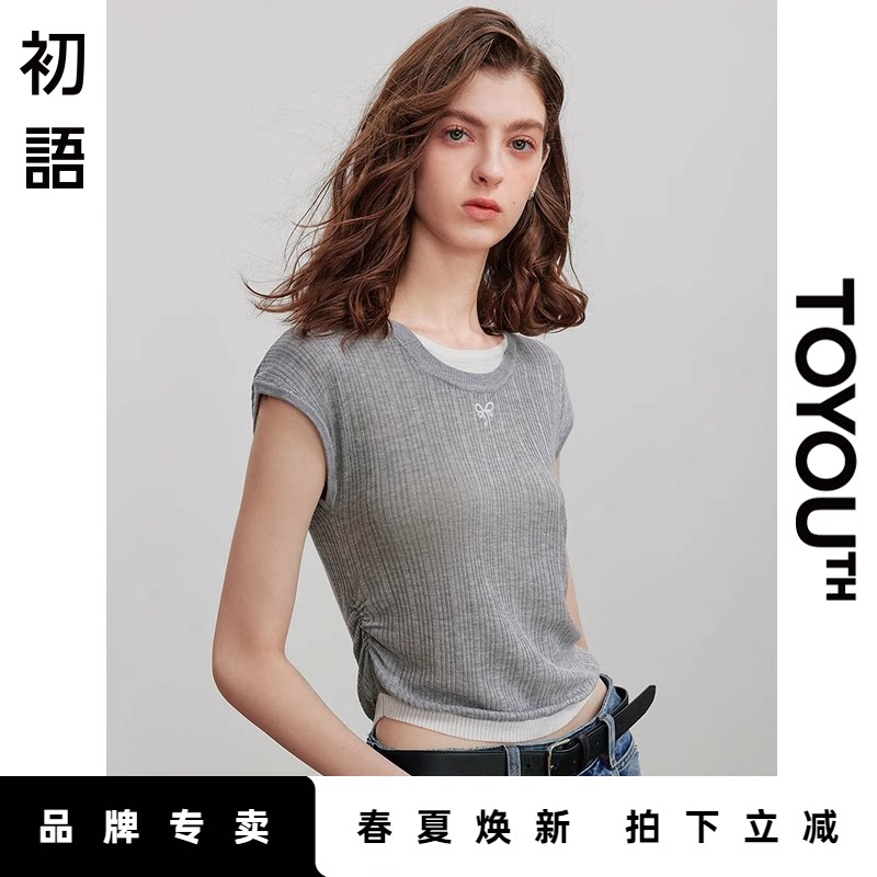 初语薄款假两件短袖针织衫女2025新款夏季设计感小众拼色宽松上衣