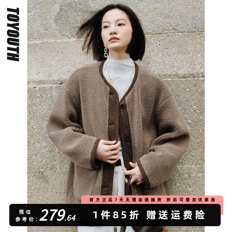 初语加绒加厚保暖摇粒绒外套女2023冬季新款复古拼接圆领百搭夹克