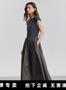 初语拼接设计连衣裙女夏季黑色莱赛尔系带收腰显瘦灰色T恤裙长裙