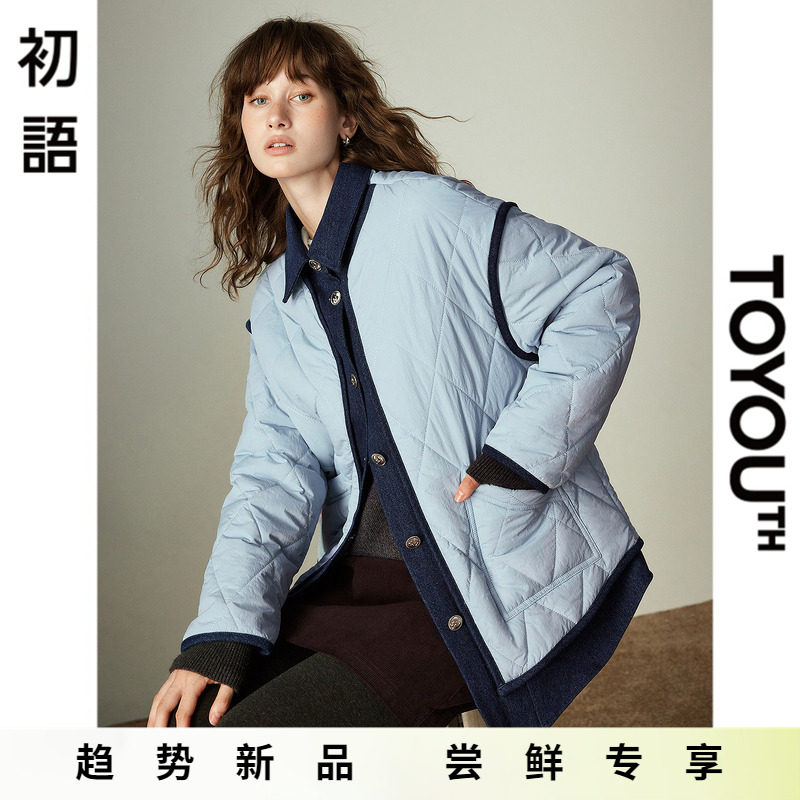 「New! 新品尝鲜」初语TOYOUTH学院风蓝色棉服翻领菱格百搭棉衣