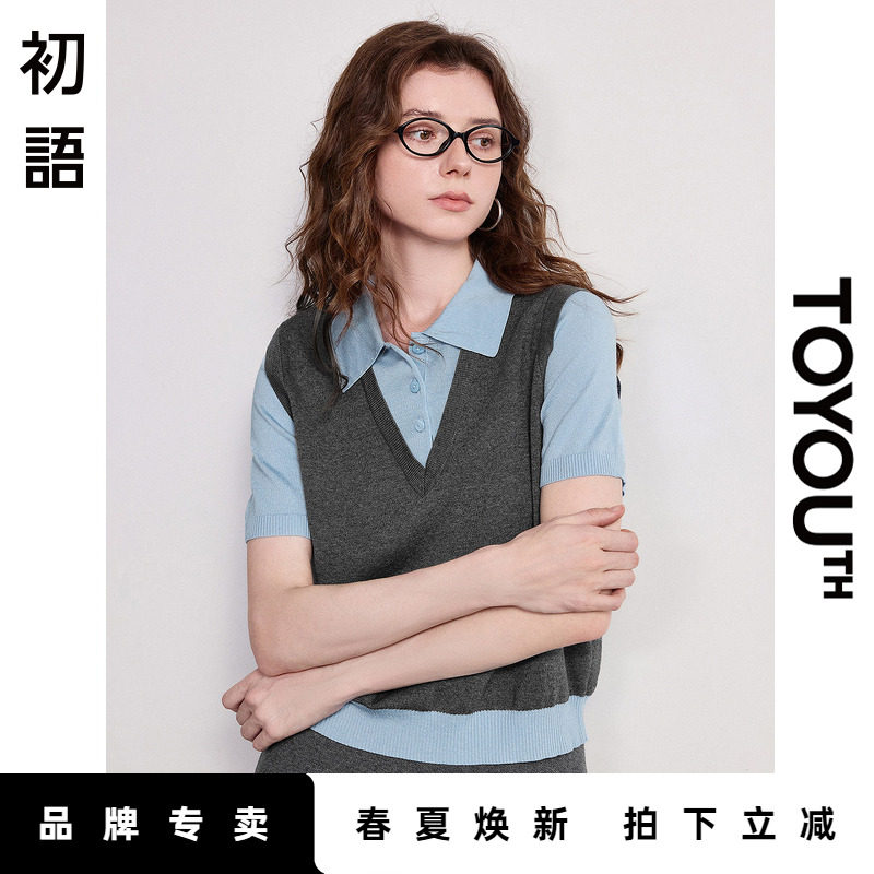 「New! 新品尝鲜」初语TOYOUTH撞色拼接假两件通勤短袖针织衫上衣