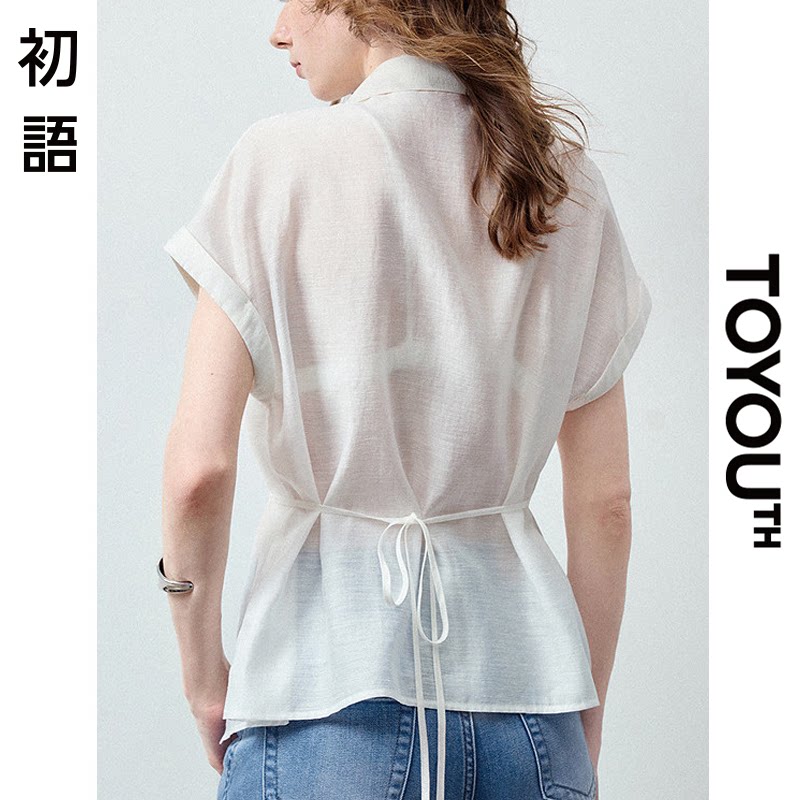 「New! 新品尝鲜」初语TOYOUTH白色轻薄莱赛尔醋酸绑带收腰衬衫夏