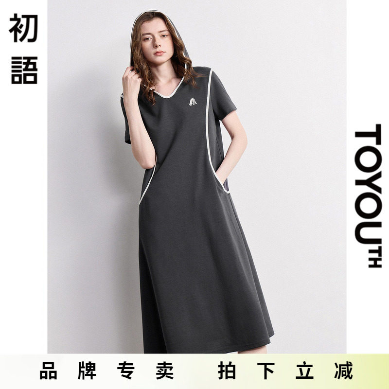 「New! 新品尝鲜」初语TOYOUTH运动风连帽短袖连衣裙中长裙带口袋