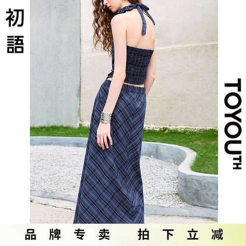 「New! 新品尝鲜」初语TOYOUTH复古格纹挂脖上衣半身裙套装两件套