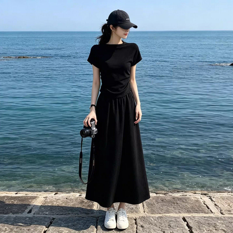 简约风短袖T恤中长款半身裙套装女夏季宽松气质休闲感穿搭一整套