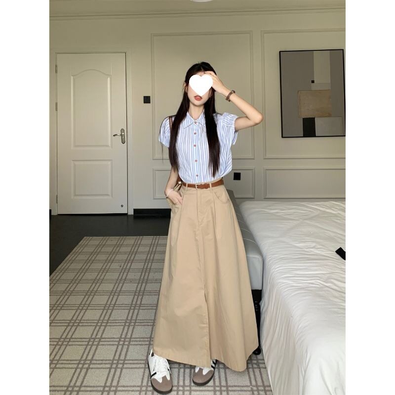 时尚套装条纹衬衫上衣女夏季小个子高腰开叉裙子长裙半身裙两件套