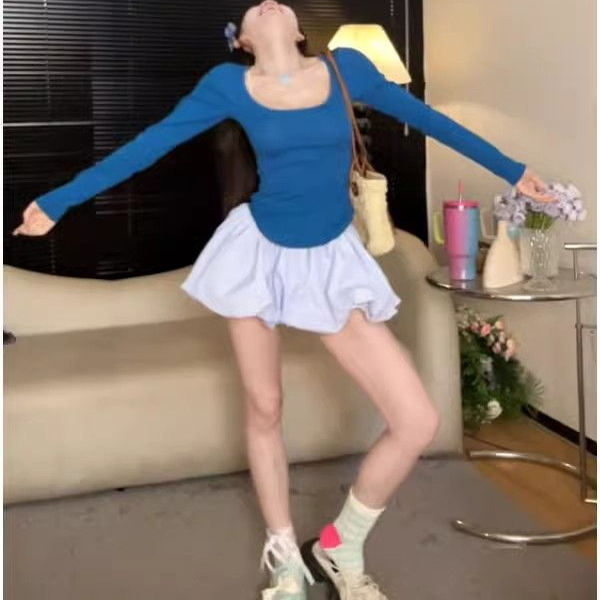 蓝色U领正肩冰丝针织长袖T恤女