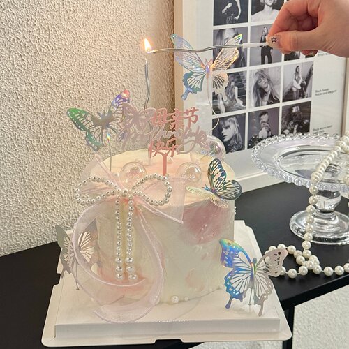 网红母亲节快乐亚克力蛋糕装饰插件妈妈节日幻彩蝴蝶烘焙装扮插件
