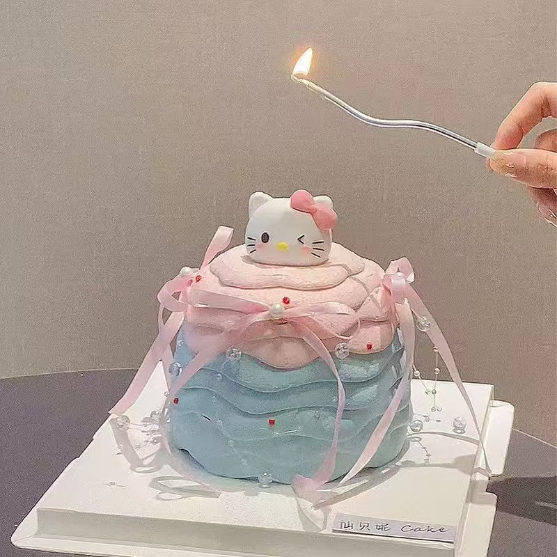 可爱粉色KT猫头蛋糕装饰摆件网红卡通凯蒂猫蝴蝶结蜡烛生日插件