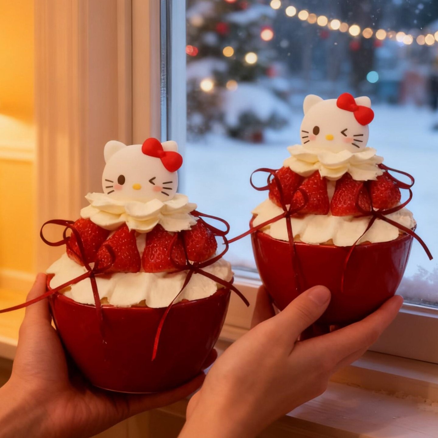 2026网红圣诞节新年kt猫红色草莓碗蛋糕装饰helloKitty草莓蛋糕碗