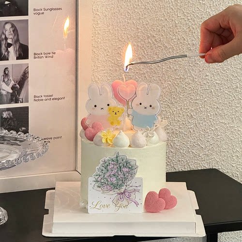 520情人节情侣米菲兔玫瑰花亚克力蛋糕装饰插牌爱心蜡烛烘焙插件