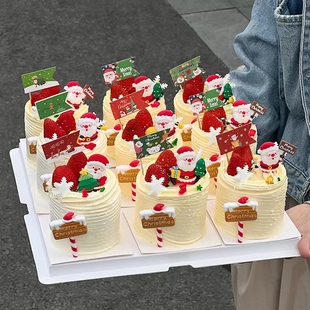 2026圣诞节快乐蛋糕装饰插卡圣诞老人摆件软胶小雪花配件装扮插件