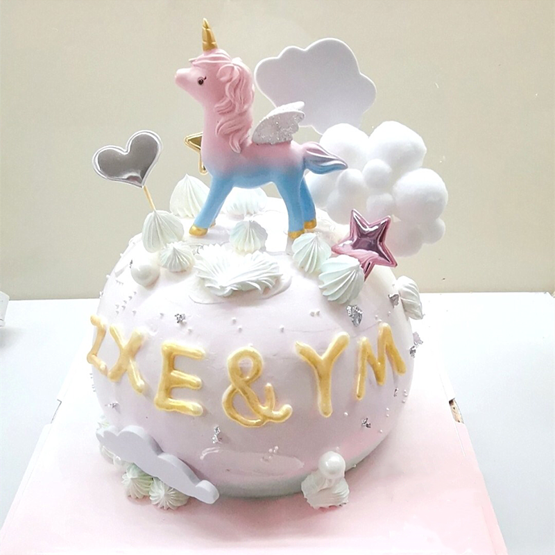 彩虹马独角兽蛋糕装饰摆件粉色蓝色小马独角兽生日蛋糕烘焙摆件