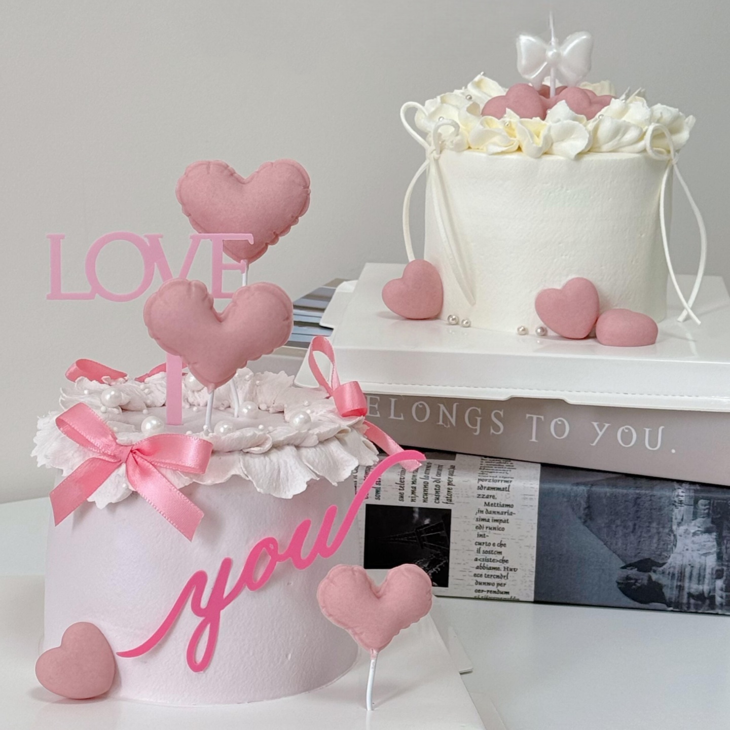 七夕情人节玫粉loveyou亚克力蛋糕装饰软胶爱心蝴蝶结蜡烛装扮