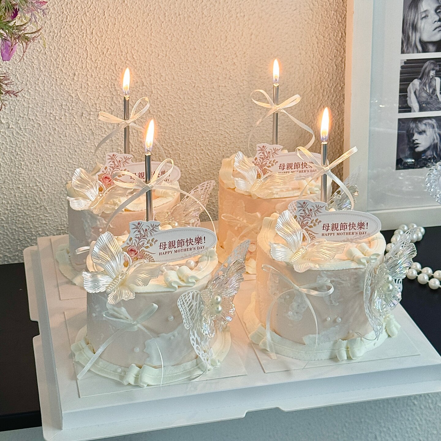 母亲节快乐花束卡片蛋糕装饰插牌双层珍珠蝴蝶烘焙装扮插件摆件